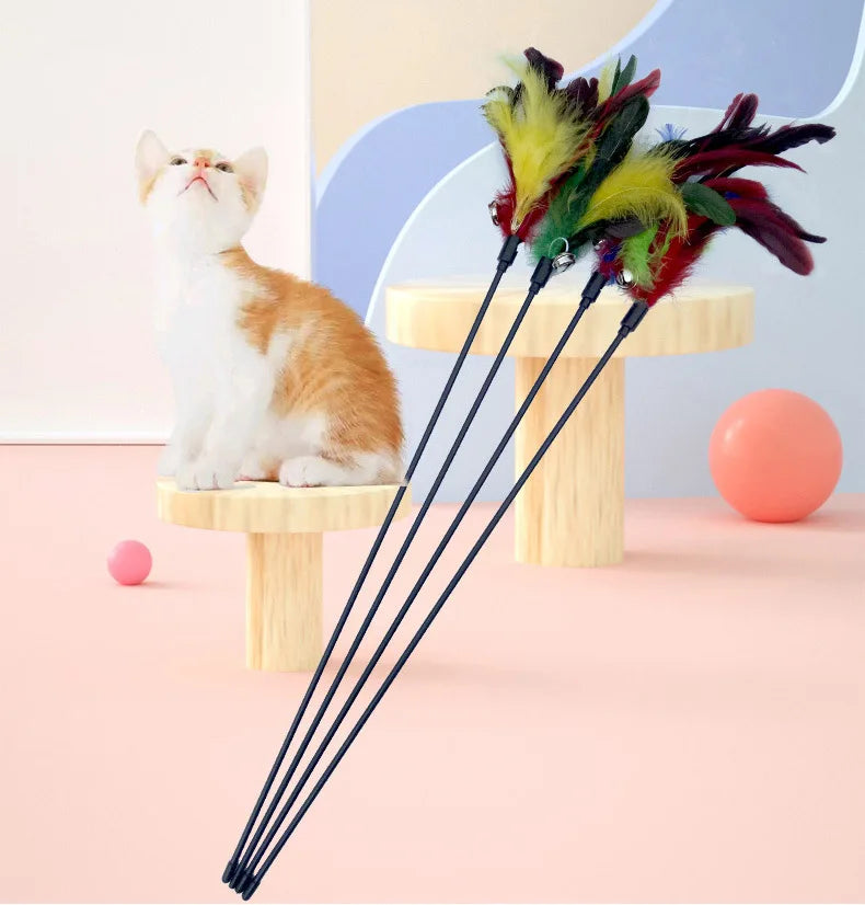 Funnycatstick Colorful Feathers cat Teaser Stick Multiple Feather Cat-tickling Toy