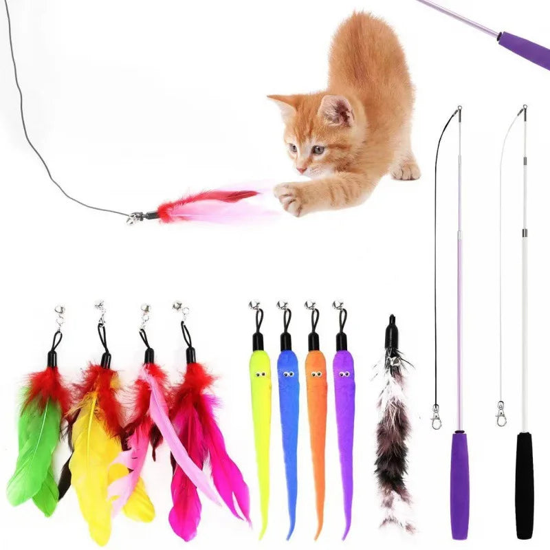 Funnycatstick Cat Stick Pet Toy Feather Teasing Cat Teaser Set Three-Section Retractable Interactive Cat Toys